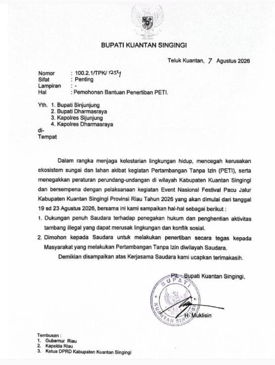Bupati Kuantan Singingi Terbitkan Surat Permohonan Bantuan Penertiban PETI Jaga Lingkungan & Kelancaran Festival Pacu Jalur